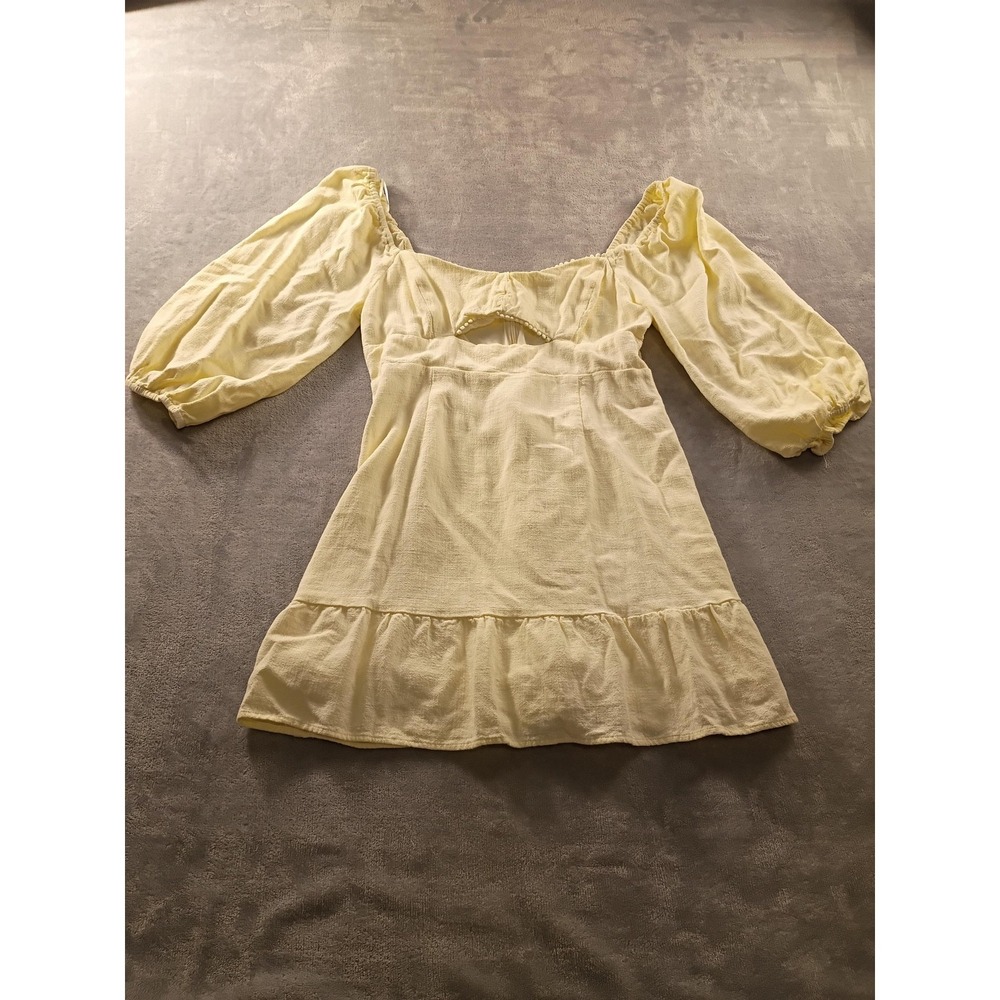 Lush Dress Womens Small Yellow Boho Puff Sleeve Square Neck Ruffle Hem Sundress